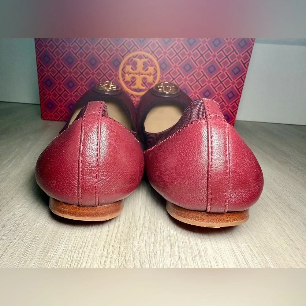 Tory Burch Burgundy Leather Ballet Flats Gold Logo Women Size 7.5 M